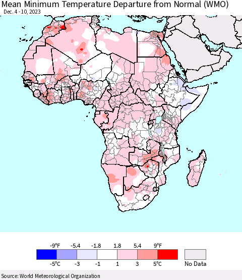 Africa Mean Minimum Temperature Departure from Normal (WMO) Thematic Map For 12/4/2023 - 12/10/2023