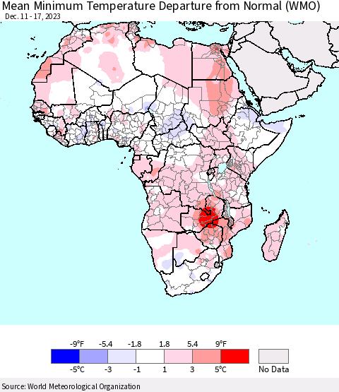 Africa Mean Minimum Temperature Departure from Normal (WMO) Thematic Map For 12/11/2023 - 12/17/2023