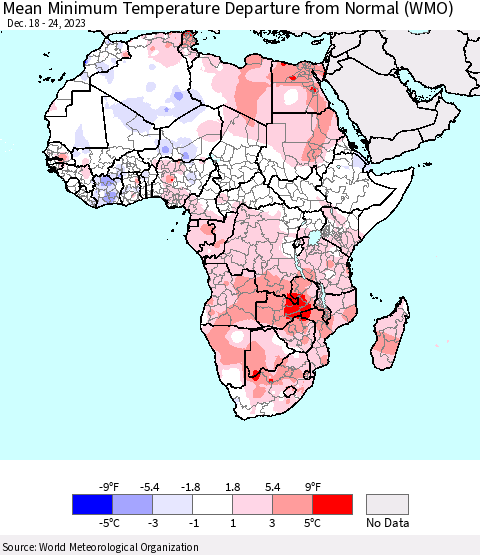 Africa Mean Minimum Temperature Departure from Normal (WMO) Thematic Map For 12/18/2023 - 12/24/2023