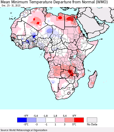 Africa Mean Minimum Temperature Departure from Normal (WMO) Thematic Map For 12/25/2023 - 12/31/2023