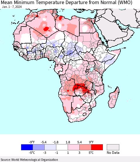 Africa Mean Minimum Temperature Departure from Normal (WMO) Thematic Map For 1/1/2024 - 1/7/2024
