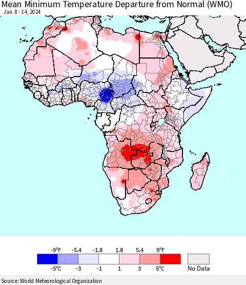 Africa Mean Minimum Temperature Departure from Normal (WMO) Thematic Map For 1/8/2024 - 1/14/2024