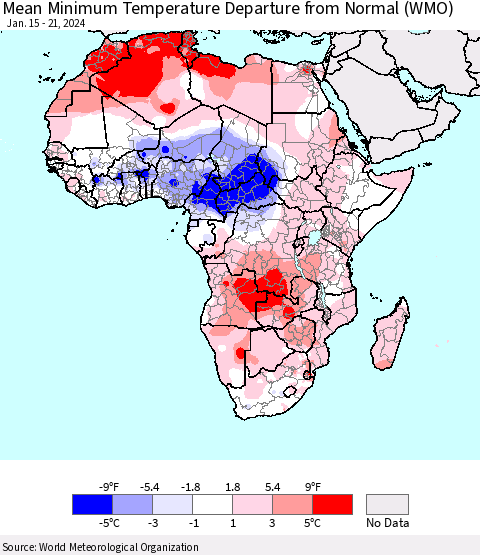 Africa Mean Minimum Temperature Departure from Normal (WMO) Thematic Map For 1/15/2024 - 1/21/2024