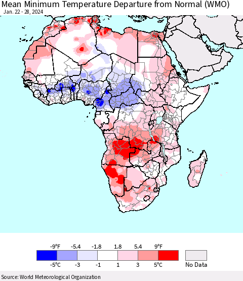 Africa Mean Minimum Temperature Departure from Normal (WMO) Thematic Map For 1/22/2024 - 1/28/2024