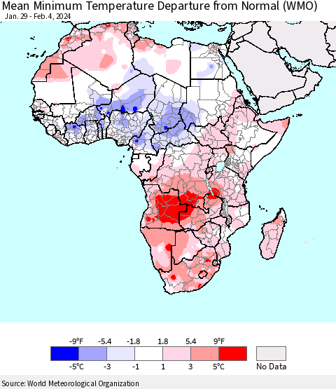 Africa Mean Minimum Temperature Departure from Normal (WMO) Thematic Map For 1/29/2024 - 2/4/2024