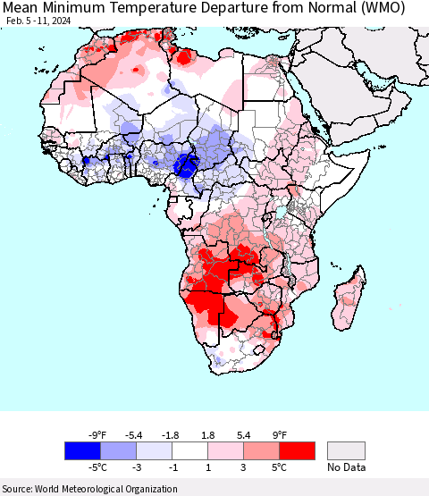 Africa Mean Minimum Temperature Departure from Normal (WMO) Thematic Map For 2/5/2024 - 2/11/2024