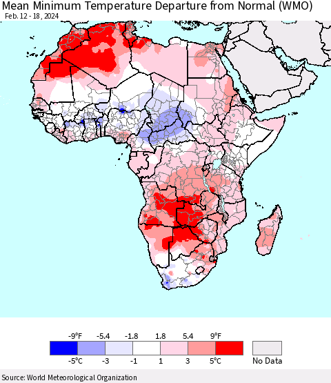 Africa Mean Minimum Temperature Departure from Normal (WMO) Thematic Map For 2/12/2024 - 2/18/2024