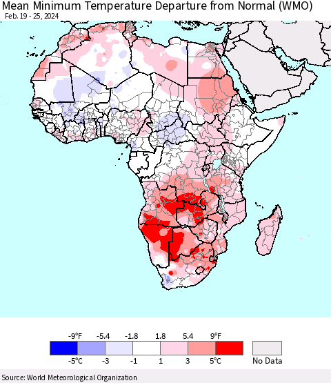 Africa Mean Minimum Temperature Departure from Normal (WMO) Thematic Map For 2/19/2024 - 2/25/2024