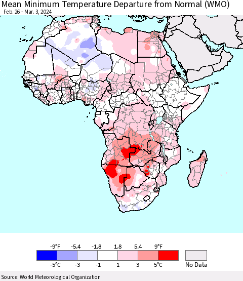 Africa Mean Minimum Temperature Departure from Normal (WMO) Thematic Map For 2/26/2024 - 3/3/2024