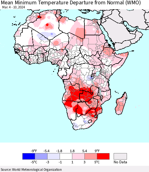 Africa Mean Minimum Temperature Departure from Normal (WMO) Thematic Map For 3/4/2024 - 3/10/2024
