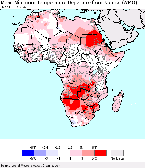 Africa Mean Minimum Temperature Departure from Normal (WMO) Thematic Map For 3/11/2024 - 3/17/2024