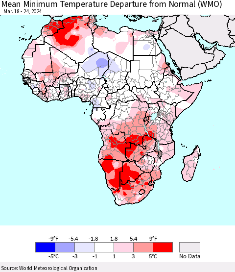 Africa Mean Minimum Temperature Departure from Normal (WMO) Thematic Map For 3/18/2024 - 3/24/2024