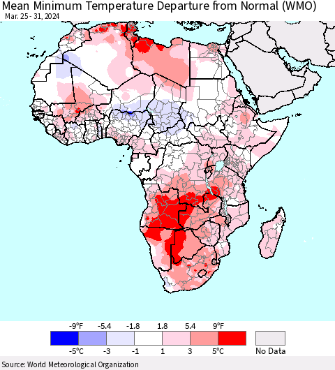 Africa Mean Minimum Temperature Departure from Normal (WMO) Thematic Map For 3/25/2024 - 3/31/2024