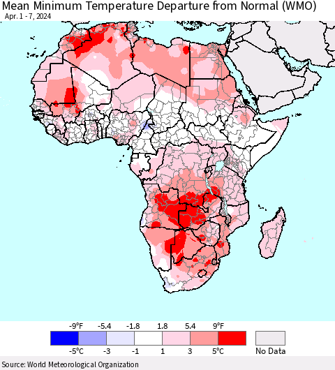 Africa Mean Minimum Temperature Departure from Normal (WMO) Thematic Map For 4/1/2024 - 4/7/2024