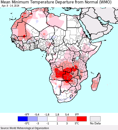 Africa Mean Minimum Temperature Departure from Normal (WMO) Thematic Map For 4/8/2024 - 4/14/2024
