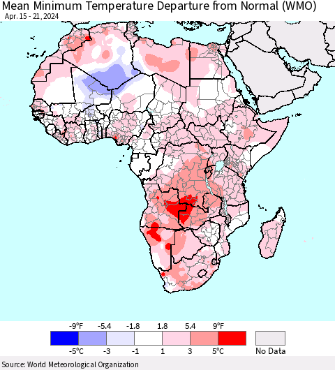 Africa Mean Minimum Temperature Departure from Normal (WMO) Thematic Map For 4/15/2024 - 4/21/2024