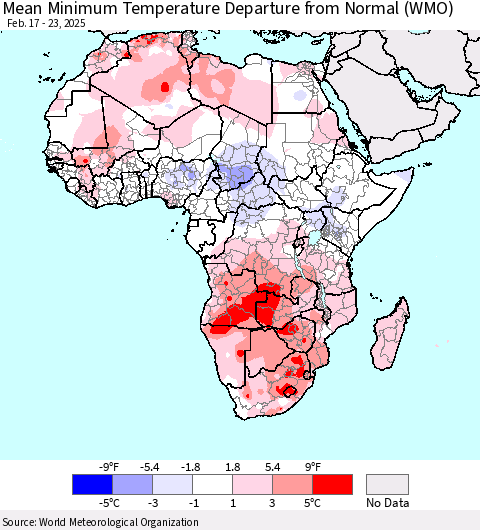 Africa Mean Minimum Temperature Departure from Normal (WMO) Thematic Map For 2/17/2025 - 2/23/2025