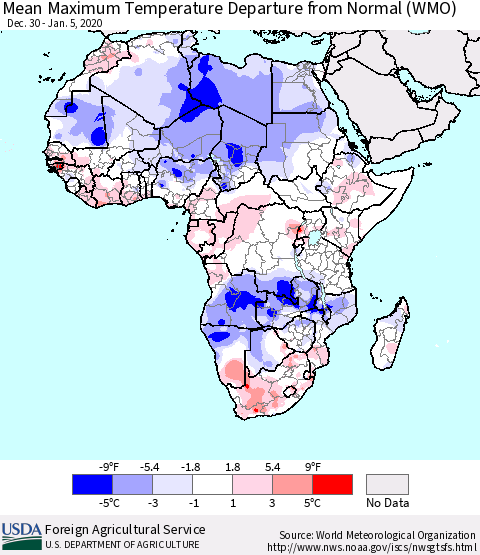 Africa Mean Maximum Temperature Departure from Normal (WMO) Thematic Map For 12/30/2019 - 1/5/2020