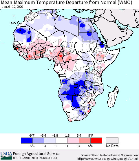 Africa Mean Maximum Temperature Departure from Normal (WMO) Thematic Map For 1/6/2020 - 1/12/2020