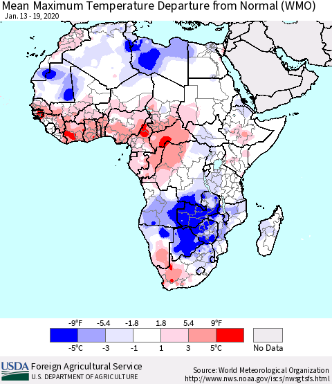 Africa Mean Maximum Temperature Departure from Normal (WMO) Thematic Map For 1/13/2020 - 1/19/2020
