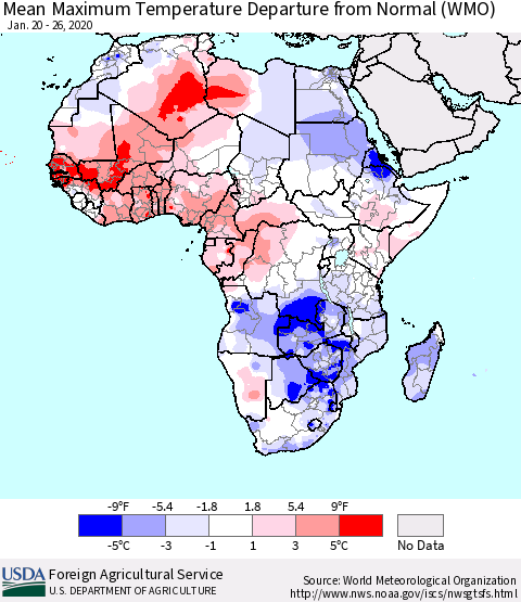 Africa Mean Maximum Temperature Departure from Normal (WMO) Thematic Map For 1/20/2020 - 1/26/2020