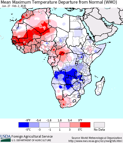 Africa Mean Maximum Temperature Departure from Normal (WMO) Thematic Map For 1/27/2020 - 2/2/2020