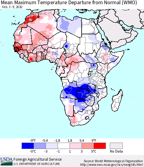 Africa Mean Maximum Temperature Departure from Normal (WMO) Thematic Map For 2/3/2020 - 2/9/2020
