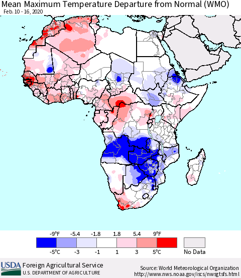 Africa Mean Maximum Temperature Departure from Normal (WMO) Thematic Map For 2/10/2020 - 2/16/2020