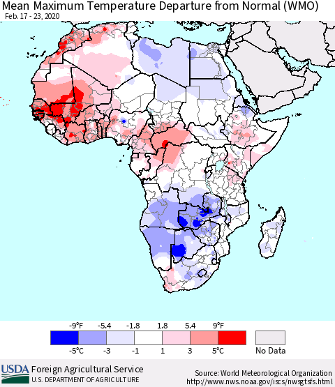 Africa Mean Maximum Temperature Departure from Normal (WMO) Thematic Map For 2/17/2020 - 2/23/2020