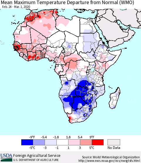 Africa Mean Maximum Temperature Departure from Normal (WMO) Thematic Map For 2/24/2020 - 3/1/2020