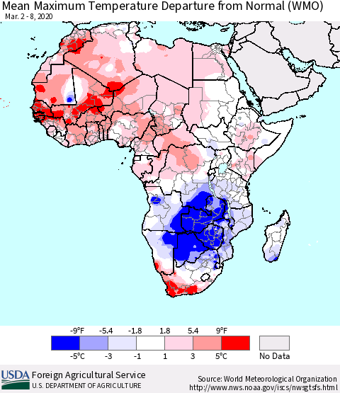 Africa Mean Maximum Temperature Departure from Normal (WMO) Thematic Map For 3/2/2020 - 3/8/2020