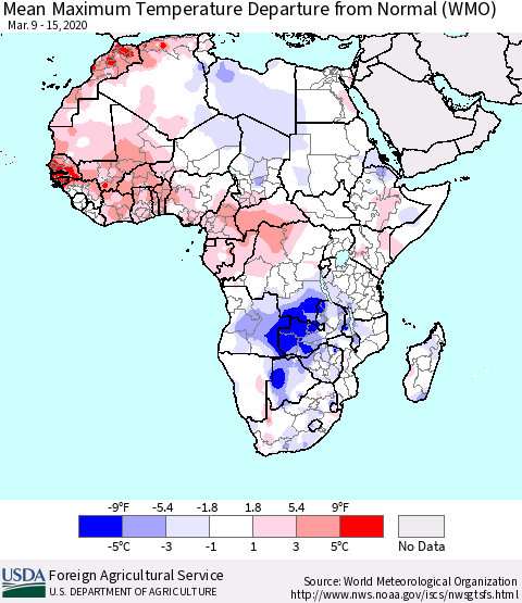 Africa Mean Maximum Temperature Departure from Normal (WMO) Thematic Map For 3/9/2020 - 3/15/2020