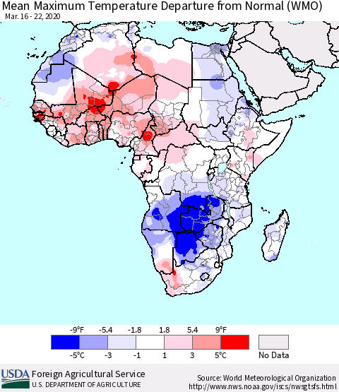 Africa Mean Maximum Temperature Departure from Normal (WMO) Thematic Map For 3/16/2020 - 3/22/2020