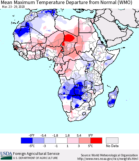 Africa Mean Maximum Temperature Departure from Normal (WMO) Thematic Map For 3/23/2020 - 3/29/2020