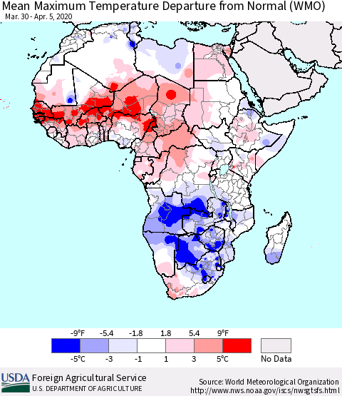 Africa Mean Maximum Temperature Departure from Normal (WMO) Thematic Map For 3/30/2020 - 4/5/2020