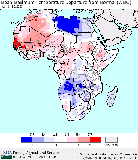 Africa Mean Maximum Temperature Departure from Normal (WMO) Thematic Map For 4/6/2020 - 4/12/2020