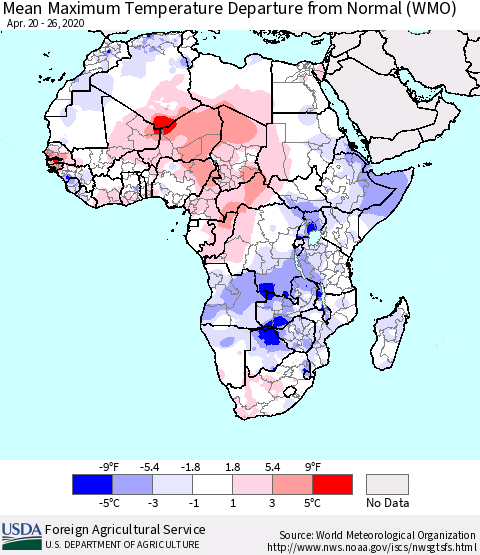 Africa Mean Maximum Temperature Departure from Normal (WMO) Thematic Map For 4/20/2020 - 4/26/2020