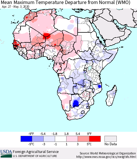 Africa Mean Maximum Temperature Departure from Normal (WMO) Thematic Map For 4/27/2020 - 5/3/2020