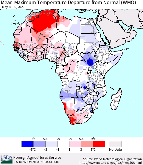 Africa Mean Maximum Temperature Departure from Normal (WMO) Thematic Map For 5/4/2020 - 5/10/2020