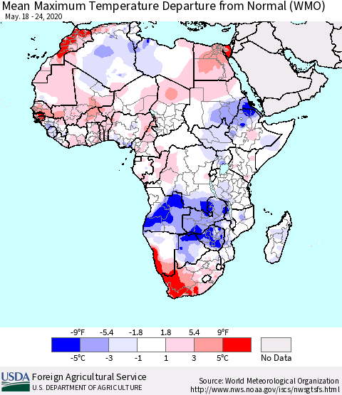Africa Mean Maximum Temperature Departure from Normal (WMO) Thematic Map For 5/18/2020 - 5/24/2020