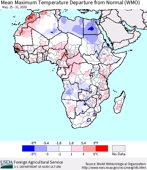 Africa Mean Maximum Temperature Departure from Normal (WMO) Thematic Map For 5/25/2020 - 5/31/2020