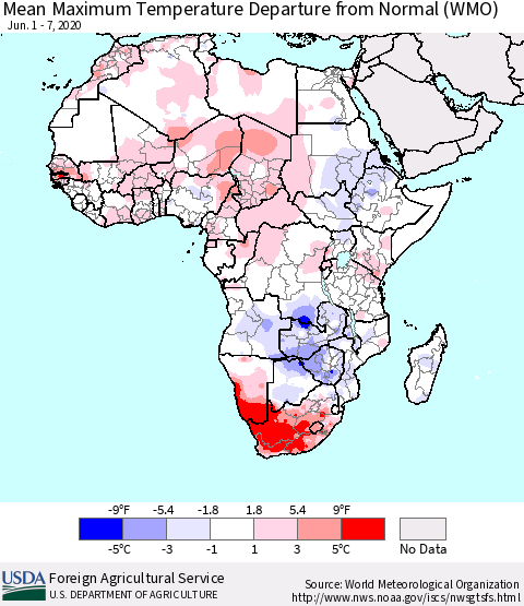 Africa Mean Maximum Temperature Departure from Normal (WMO) Thematic Map For 6/1/2020 - 6/7/2020