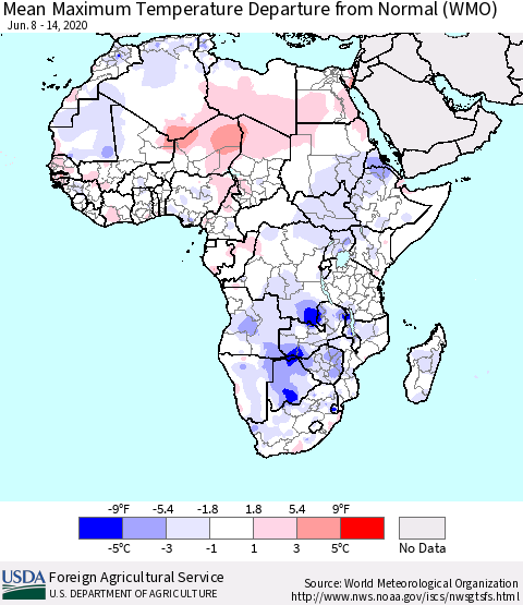 Africa Mean Maximum Temperature Departure from Normal (WMO) Thematic Map For 6/8/2020 - 6/14/2020