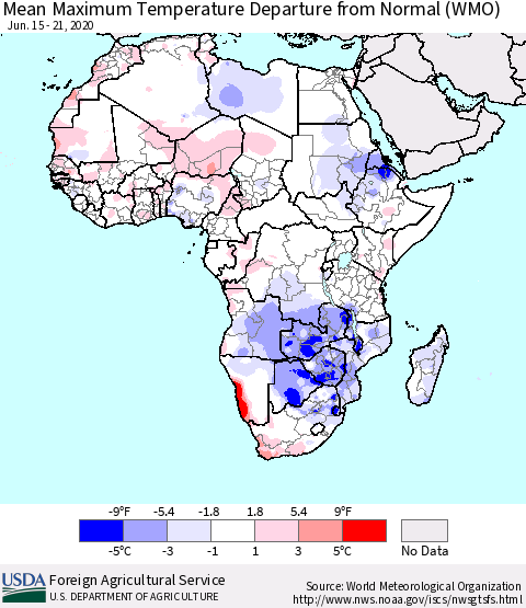 Africa Mean Maximum Temperature Departure from Normal (WMO) Thematic Map For 6/15/2020 - 6/21/2020