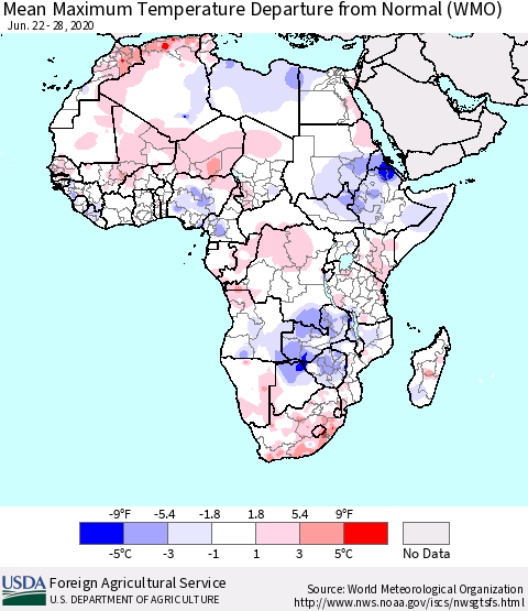 Africa Mean Maximum Temperature Departure from Normal (WMO) Thematic Map For 6/22/2020 - 6/28/2020
