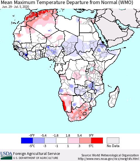 Africa Mean Maximum Temperature Departure from Normal (WMO) Thematic Map For 6/29/2020 - 7/5/2020