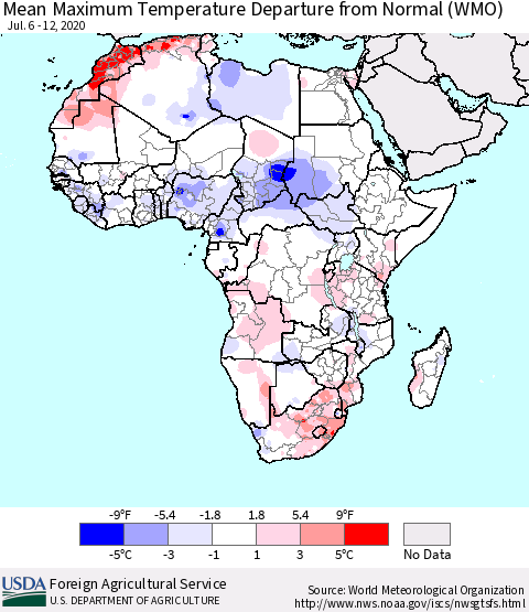 Africa Mean Maximum Temperature Departure from Normal (WMO) Thematic Map For 7/6/2020 - 7/12/2020