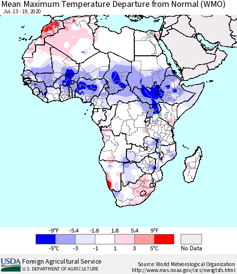 Africa Mean Maximum Temperature Departure from Normal (WMO) Thematic Map For 7/13/2020 - 7/19/2020
