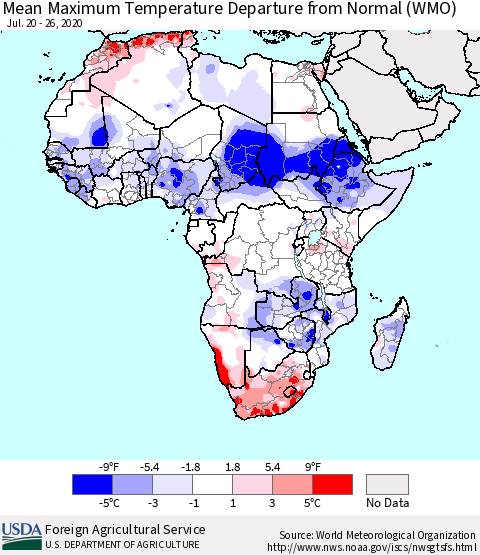 Africa Mean Maximum Temperature Departure from Normal (WMO) Thematic Map For 7/20/2020 - 7/26/2020