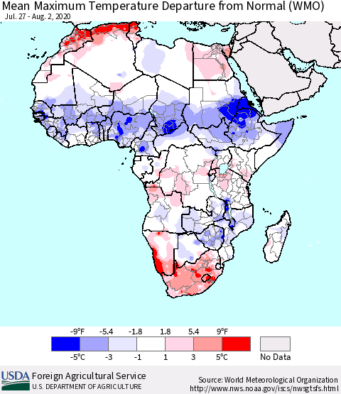 Africa Mean Maximum Temperature Departure from Normal (WMO) Thematic Map For 7/27/2020 - 8/2/2020